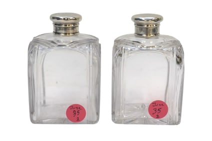 PAIR ANTIQUE CUT GLASS STERLING LID PERFUME / COLOGNE