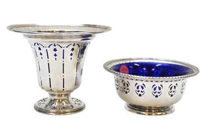 2 STERLING SILVER BOWLS W COBALT GLASS LINERS