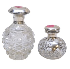2 ANTIQUE CUT GLASS PERFUME / SCENT BOTTLES STERLING LIDS