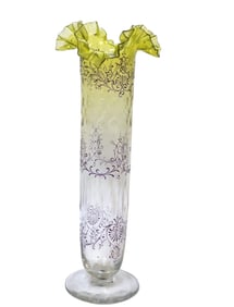 TALL BOHEMIAN ENAMELED HAND BLOWN GREEN TO CLEAR VASE