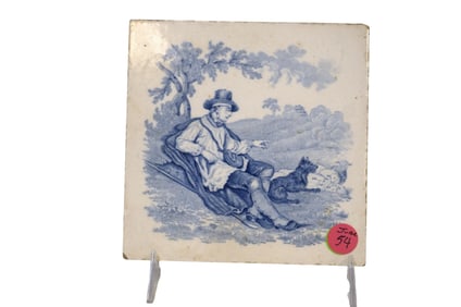 19th c MINTON PASTORAL TILE WITH DOG