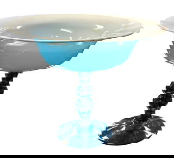 LARGE MCM EMPOLI BLUE OPALINE COMPOTE: Large Mid Century Italian Blue Opaline Compote. Measures 11"x11"x9'. Weight 2 lbs 8
