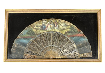 ANTIQUE 19th c HAND PAINTED FRENCH FAN IN SHADOW BOX