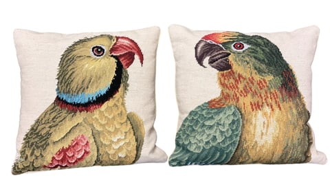 PAIR OF NEEDLEPOINT PARROT PILLOWS COLONIAL WILLIAMSBURG FOUNDATION