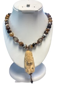 VINTAGE NECKLACE WITH CARVED WISE MAN & ORCA AGATE