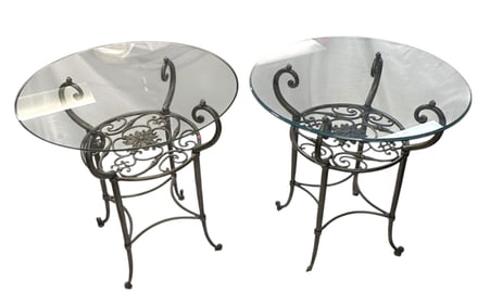 PAIR VINTAGE ETHAN ALLEN WROUGHT IRON & GLASS TABLES