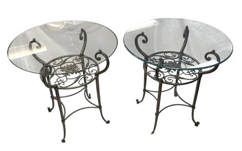 PAIR VINTAGE ETHAN ALLEN WROUGHT IRON & GLASS TABLES: Pair of Vintage Ethan Wrought Iron and Beveled Glass Side Tables. Very good condition. Each 28"x28"x27". Tops removable for transport