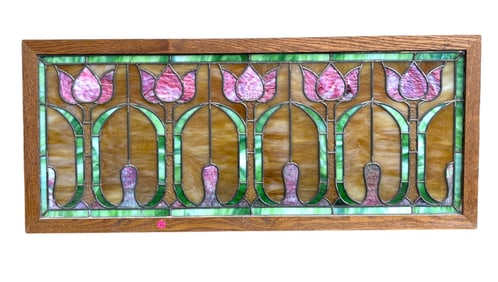 VINTAGE TULIP STAINED GLASS PANEL 42" FRAMED