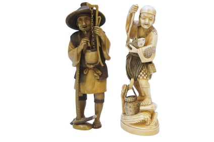 PAIR EXCEPTIONAL CARVED & STAINED MEIJI OKIMONO