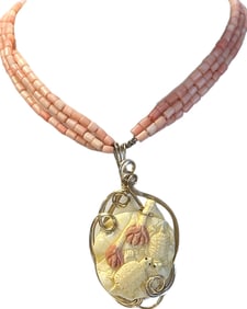 STUNNING CARVED CORAL NECKLACE TURTLE & LOTUS
