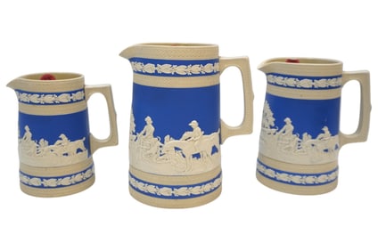 3 ANTIQUE 19TH C COPELAND SPODE JASPERWARE HUNT JUGS