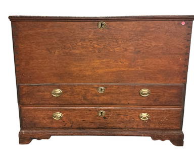 NEW ENGLAND LIFT TOP BLANKET CHEST: Antique 19th c Hepplewhite New England Lift Top Blanket Chest. 2 drawers on bracket feet. Measures 33"x43"x18"