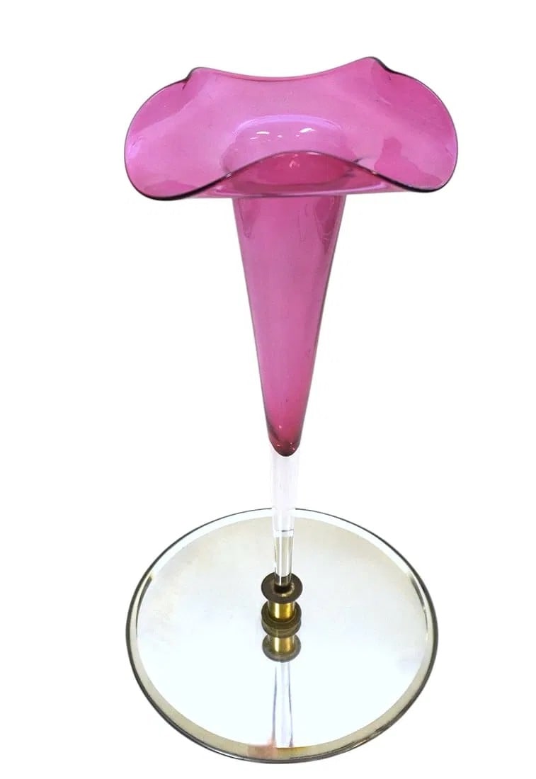 TALL 17" ART DECO BLOWN CRANBERRY GLASS VASE W/ BEVELED MIRRORED BASE: Tall Large Art Deco Blown Cranberry to Clear Vase on Beveled Mirror Base. Measures 17"x9". Total weight 3 lbs. Provenance: Gippy Plantation, Avenue of Oaks