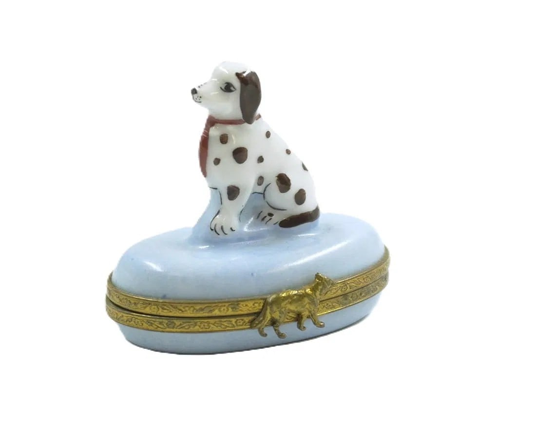 VINTAGE LIMOGES PORCELAIN DALMATION DOG BOX: Vintage Limoges Hand Painted Porcelain Dalmation Trinket Box. With Dog Clasp and Bone inside, Measures 2"x2 1/8". Weight 2 oz.
