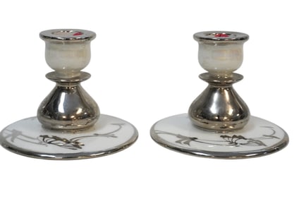 PAIR OF ART DECO SILVER OVERLAY CANDLESTICKS