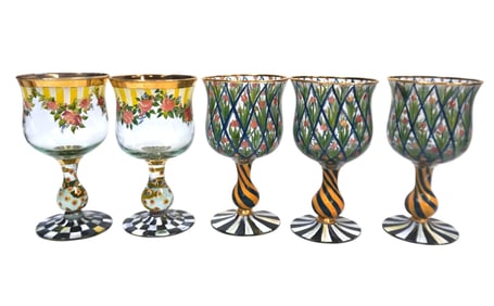 5 HAND PAINTED MACKENZIE-CHILDS TULIP & CHILDS ROSE GLASS GOBLETS