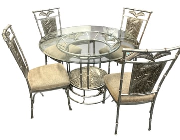 GLASS TOP PEDESTAL PALM TREE MOTIF DINING TABLE W/ 4 CHAIRS