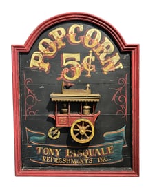 CARVED AND PAINTED WOOD POPCORN SIGN