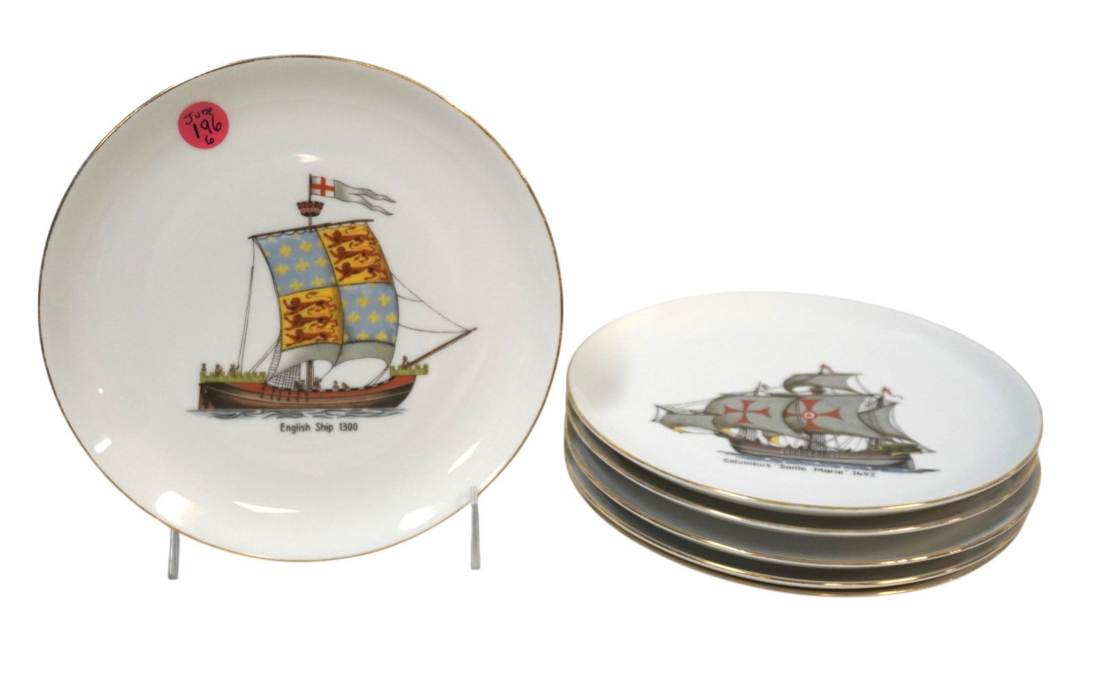 6 VINTAGE ESCHENBACH MARITIME PORCELAIN PLATES: 6 Vintage Eschenbach Bavaria German Porcelain Maritime Plates. Each 8"x8". Weight on all 3 pds.