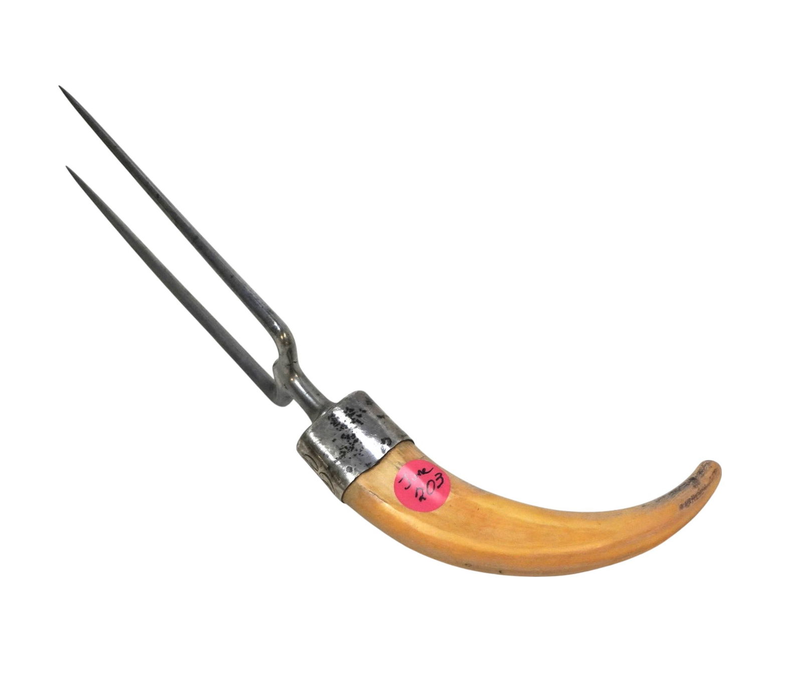 BLACK STARR & FROST BOAR TUSK MEAT FORK: Antique Black, Starr & Frost Boar Tusk Meat Fork, 2 Tine. Sterling Ferrule. Measures 2"x11" long. Weight 9.3 oz. PROVENANCE: Willtown Plantation, Willtown Bluff, Adams Run SC