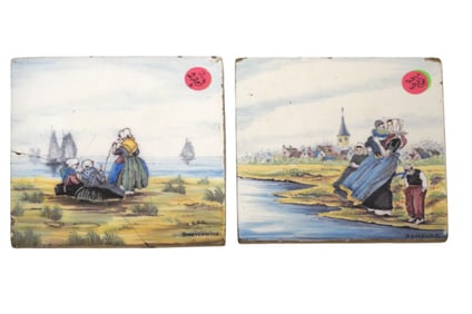 PAIR ANTIQUE 19TH C DUTCH HAND PAINTED TILES