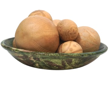 10 HAND CARVED PERUVIAN MARACA GOURDS IN POTTERY BOWL