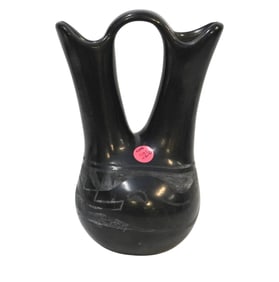 EARLY ANTIQUE JULIA MARTINEZ BLACKWARE POTTERY CARVED WEDDING VASE