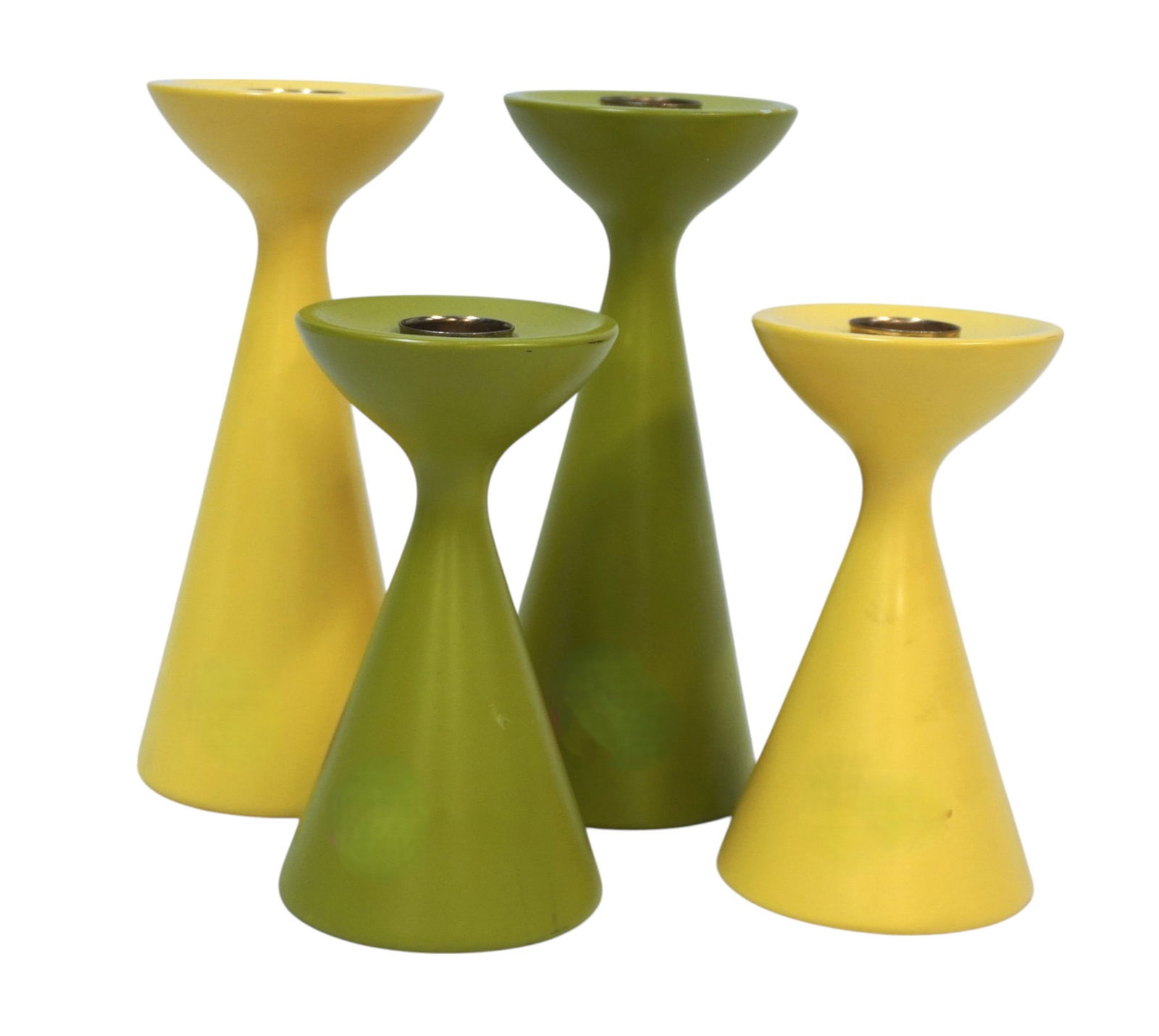 4 ELEISH VAN BREEMS INGA CANDLESTICKS: 4 Eleish Van Breems Inga Candlesticks. Handmade in Sweden from Beech Wood. 2 Yellow and 2 Green. Taller ones measure 6.25" H x 2.5" D and smaller ones measure 4.75" x 2.5", total lot weight is 1 lb 4.