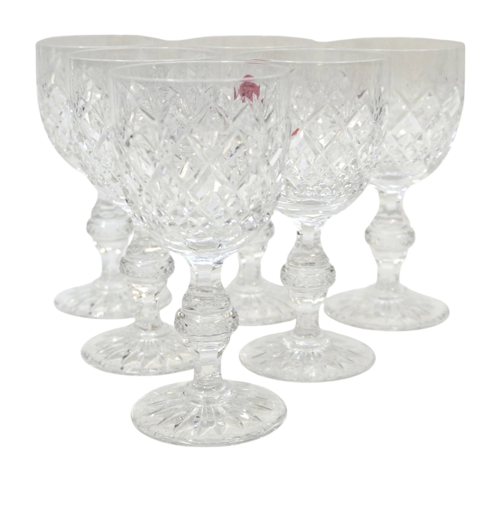 6 KUSAK CUT GLASS CHERRY DIAMOND & FAN WINE GLASSES: Six (6) Kusak Cut Glass Cherry Diamond and Fan Water SWine Glasses. Each 2 3/4"X2 3/4"X5 5/8". Weight 3 lbs.