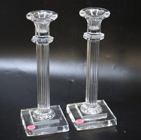 PAIR OF CRYSTAL COLUMN CANDLESTICKS