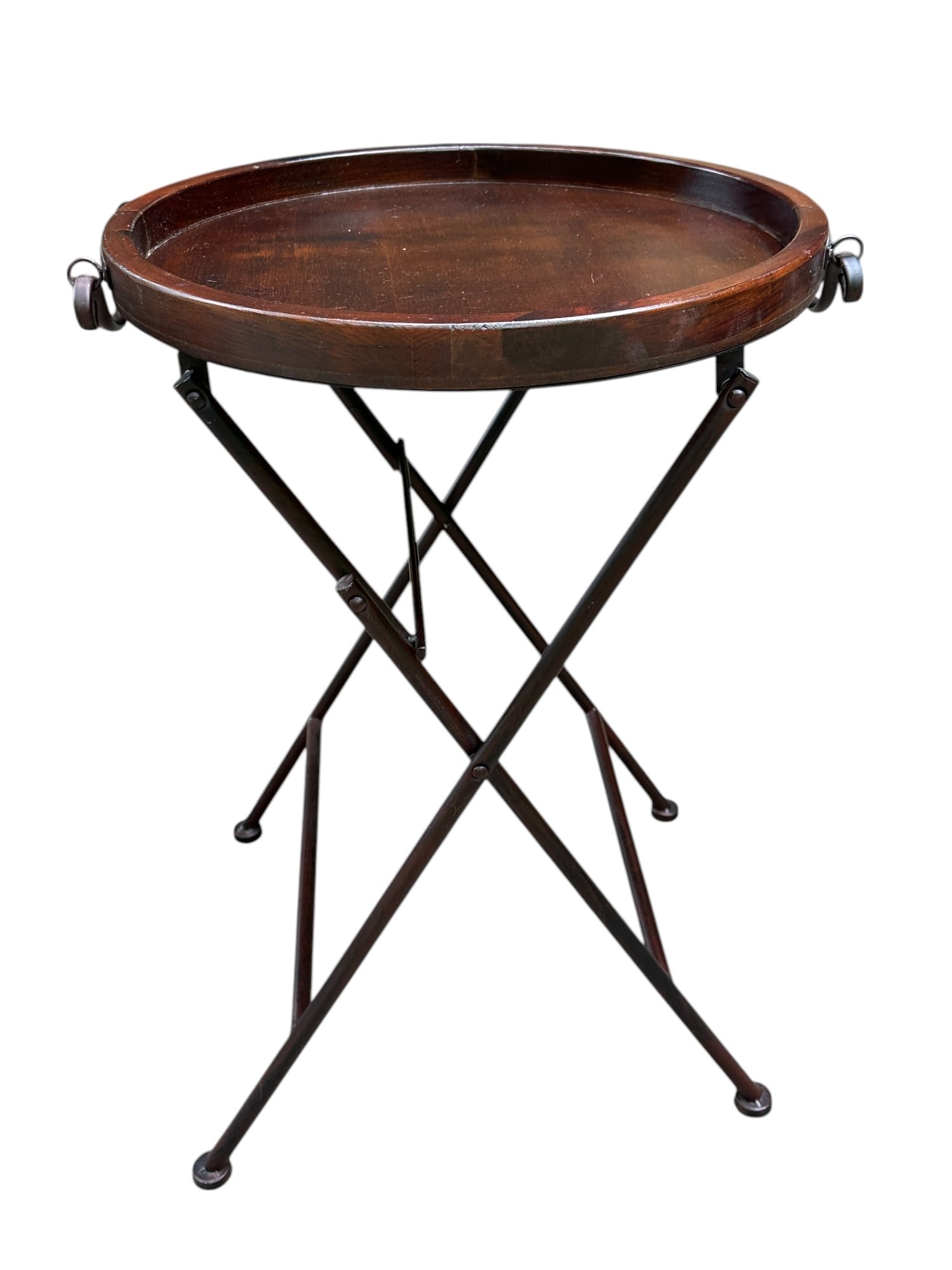 MAHOGANY & IRON FOLDING TABLE: 20th c. Mahogany & Iron folding table. Measures 19 1/2"x19 1/2"x28". Weight 12 lbs