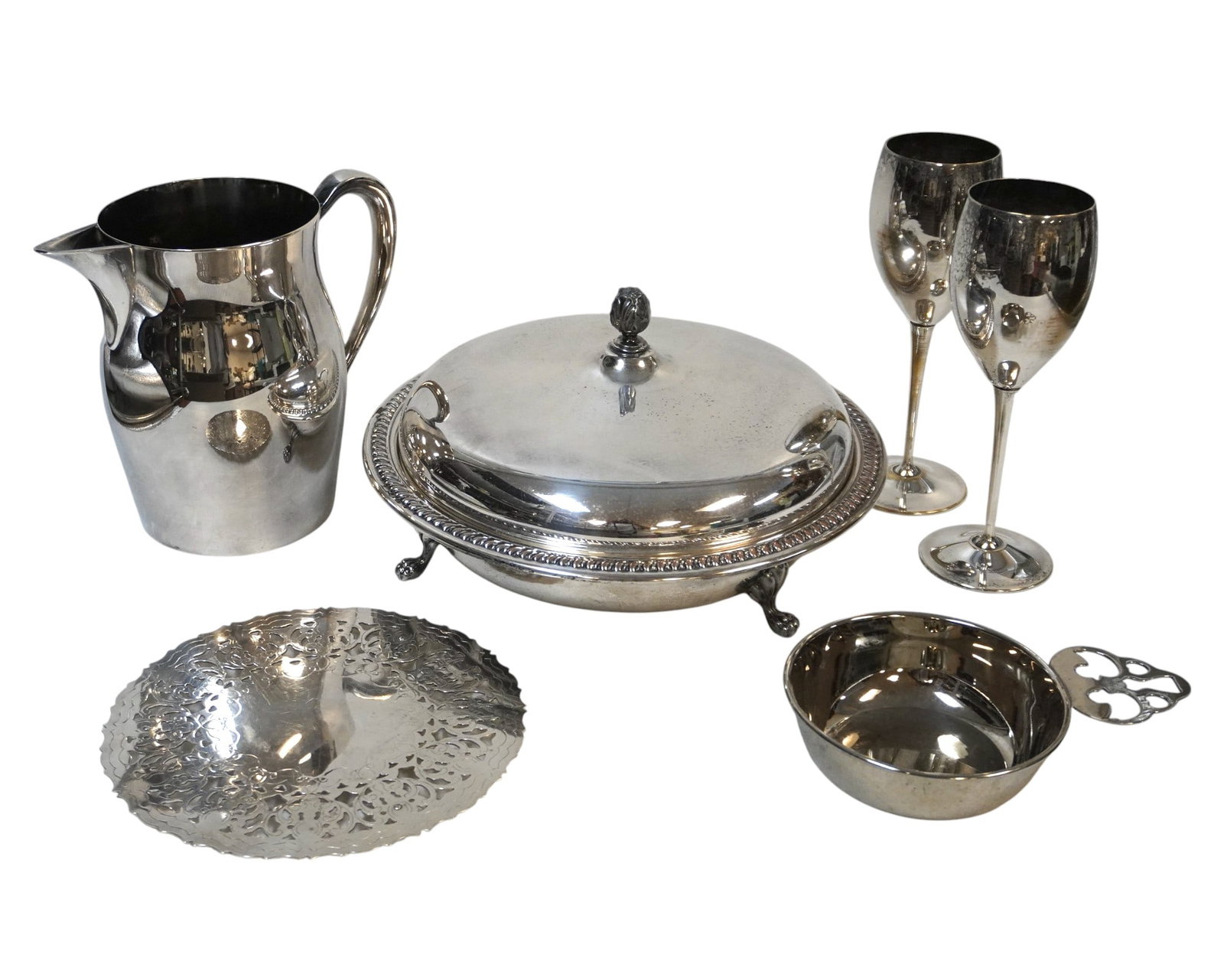 6 pc SILVER PLATED WINE GLASSES - PITCHER - CASSEROLE: All are of good quality, in good condition. 1- Bristol Silverplate Pitcher 7 1/2"x7". 2- Sheffield Silver USA Footed Covered Casserole 10 1/2"x6". 3- Pair (2) Silverplate Wine Glasses made in Italy. 3