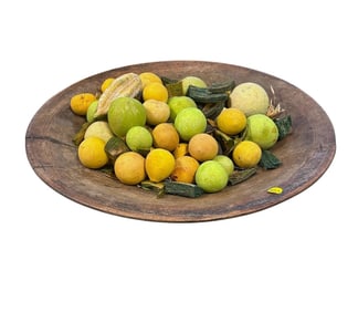 LARGE PRIMITIVE WOOD DOUGH BOWL & DECORATIVE FRUIT
