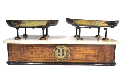 ANTIQUE BALANCE SCALE MARBLE TOP BRASS PANS