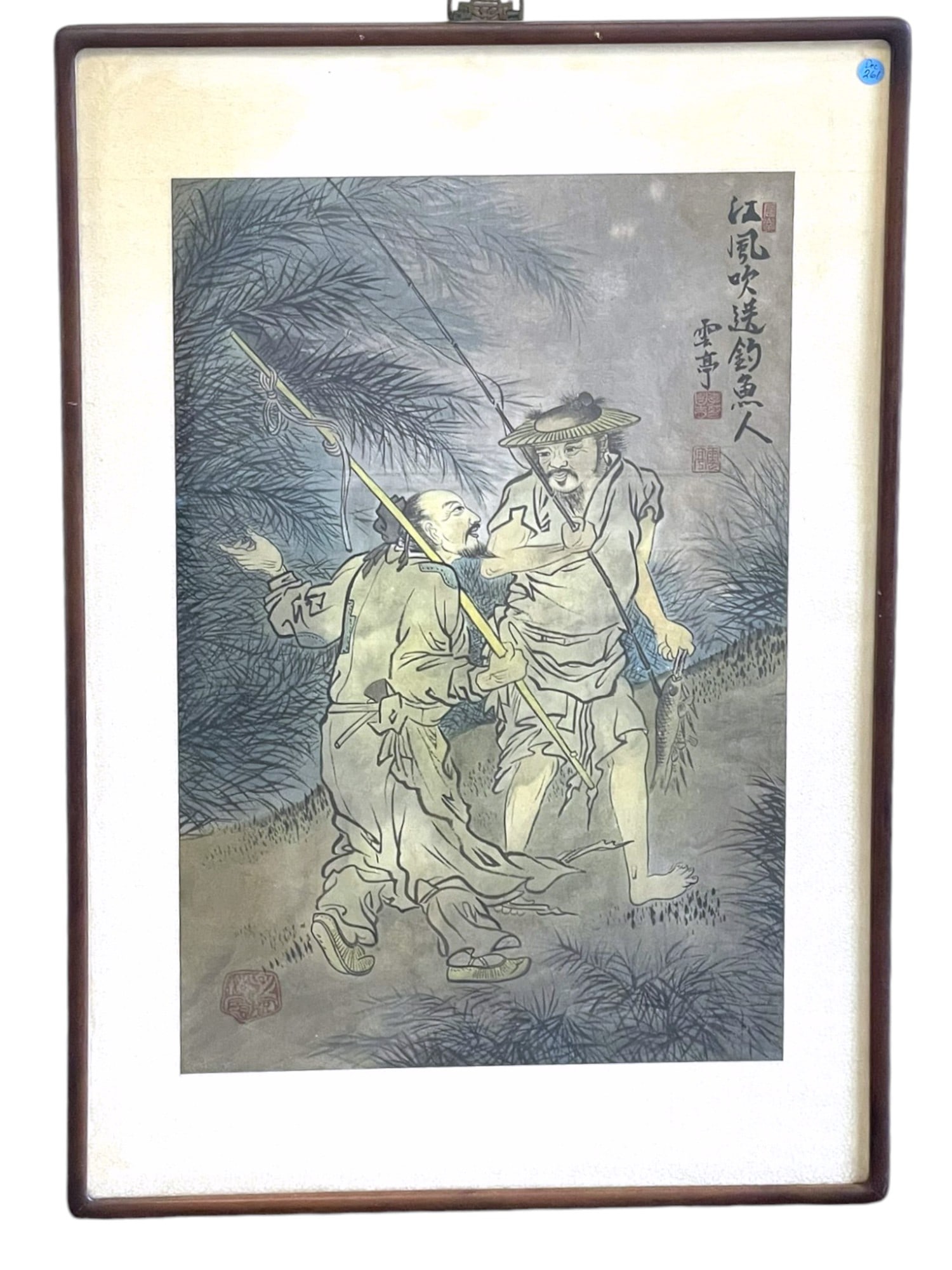 CHINESE WATERCOLOR & INK PAINTING: Vintage Chinese Painting Watercolor and Ink of Yu Qiao Wenda (Dialogue between a Fisherman and Woodcutter). Signed. Framed. In frame 24.5"x1"x37". Weight 9 lbs 10 oz.