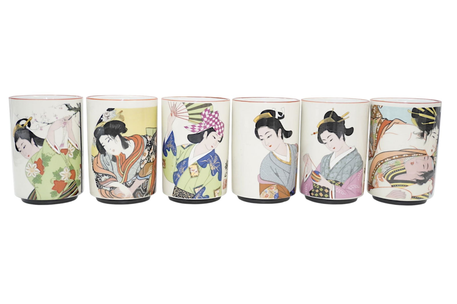 6 VINTAGE JAPANESE PORCELAIN GEISHA CUPS: 6 Vintage Japanese Porcelain Geisha Tea Cups or Saki Cups. each 3"x3"x4.5". Weight 3 lbs 8 oz