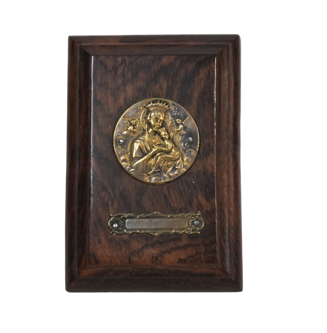 ANTIQUE BRONZE FRENCH ICON OUR LADY OF PERPETUAL HELP: Antique 1920 Bronze French Icon on wood easel back with blank plaque for monogram. Our Lady of Perpetual Help, a revered Marian Icon in the Catholic Church. Measures 3 1/4"x2 1/4"x1/2". Weight 2 oz.