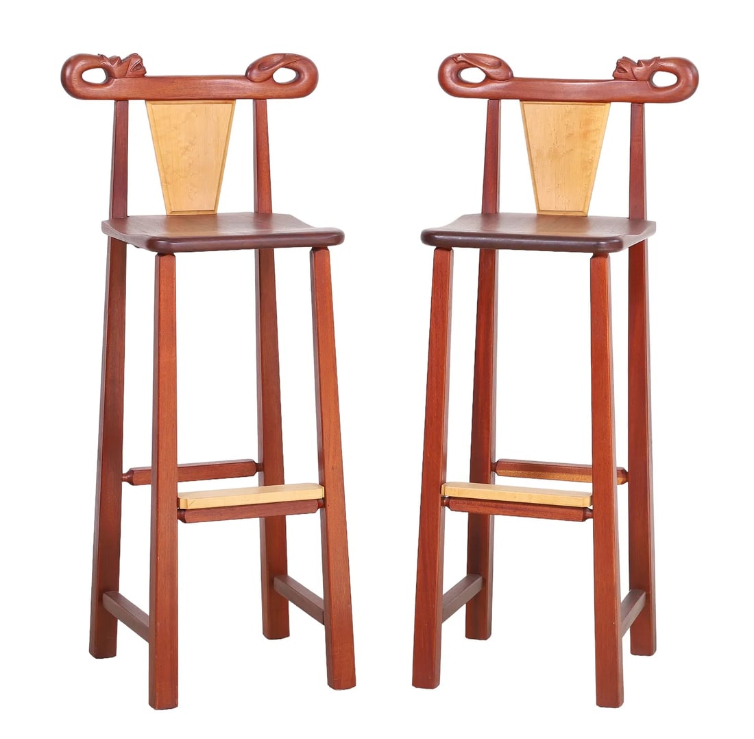 PAIR CARVED CHINESE ELM WOOD BARSTOOLS: Pair Chinese carved elmwood barstools, dragon at crest, pinned seat, 43"h x 14"w x 15"d, seat height 32"h, one seat with staining