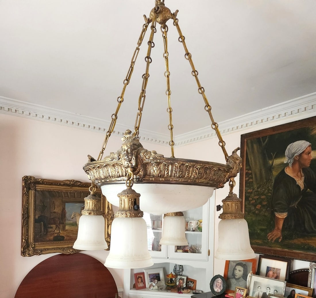 ANTIQUE ART NOUVEAU BRONZE GLASS CHANDELIER: Antique French Bronze & Frosted Glass Art Nouveau Chandelier, 20"x20"x32 (drop from ceiling). Weight approximately 17 lbs.