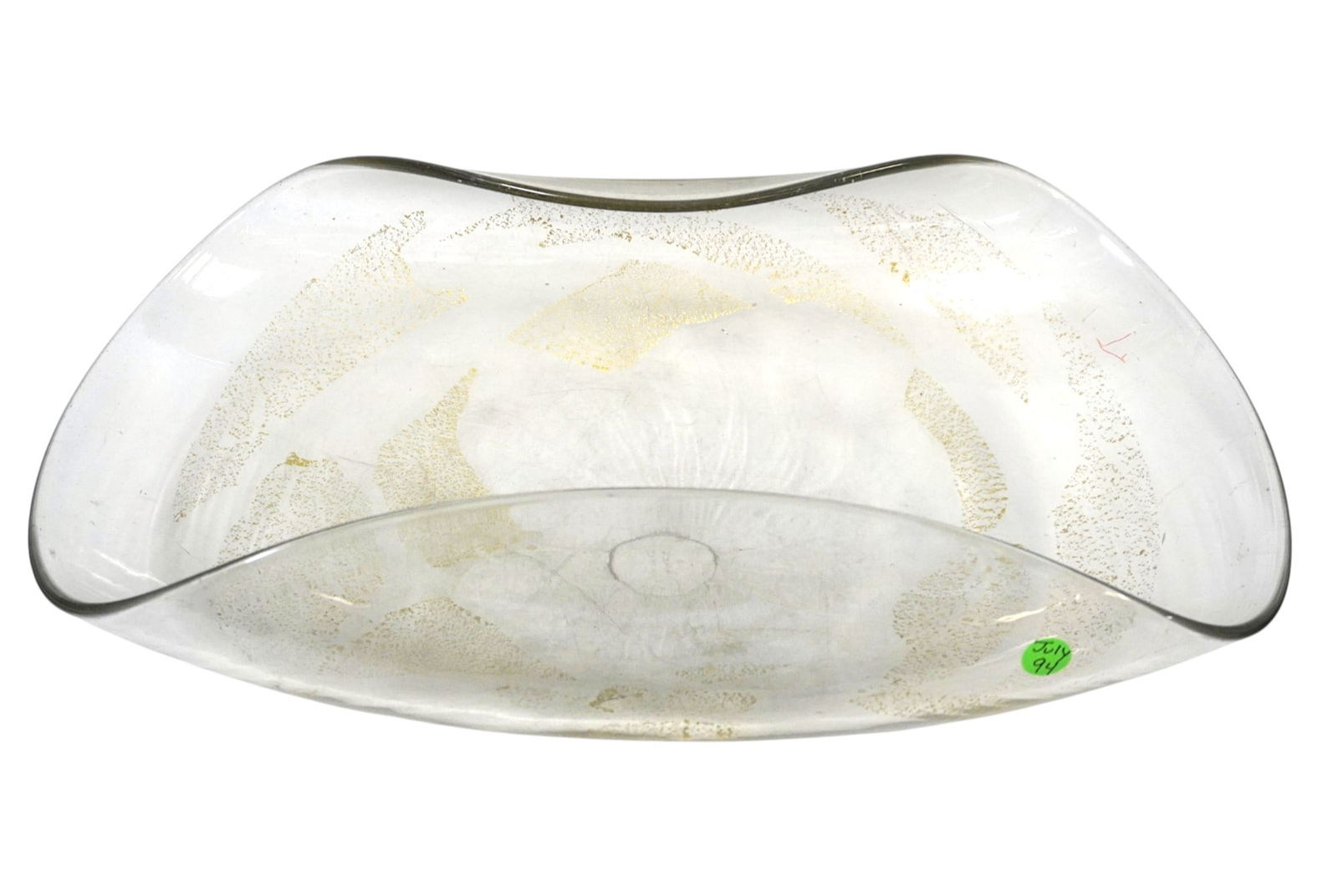 LARGE CONTEMPORARY DAUM BOWL: Large Daum Bowl, folded rim with gold-flecked decoration, marked on base "Daum Nancy," some base wear. Measures 6-1/2 x 13-1/2 x 23". Weight 13 lbs Provenance: Gippy Plantation, Avenue of Oaks, Berkel