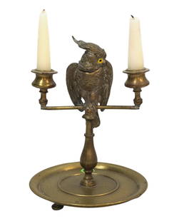 VIENNA BRONZE PARROT DOUBLE CANDELABRA: Antique Rare Vienna Bronze Parrot Double Candelabra & Match Holder, Parrots head opens to keep matches. With glass eyes, circa 1900 measuring 8 1/2" x 6".. Weight 2 lbs 6 oz.