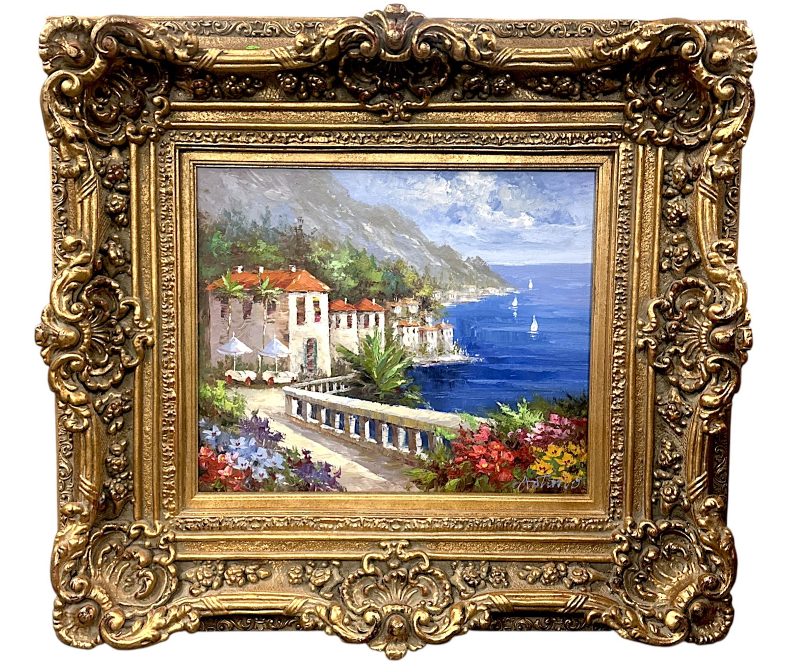 LARGE VINTAGE MEDITERRANEAN COASTAL PAINTING: Large Vintage Mediterranean Coastal Painting signed Antonio. In ornate gilt frame. Measures 34"x40"x5". Weight 22 lbs