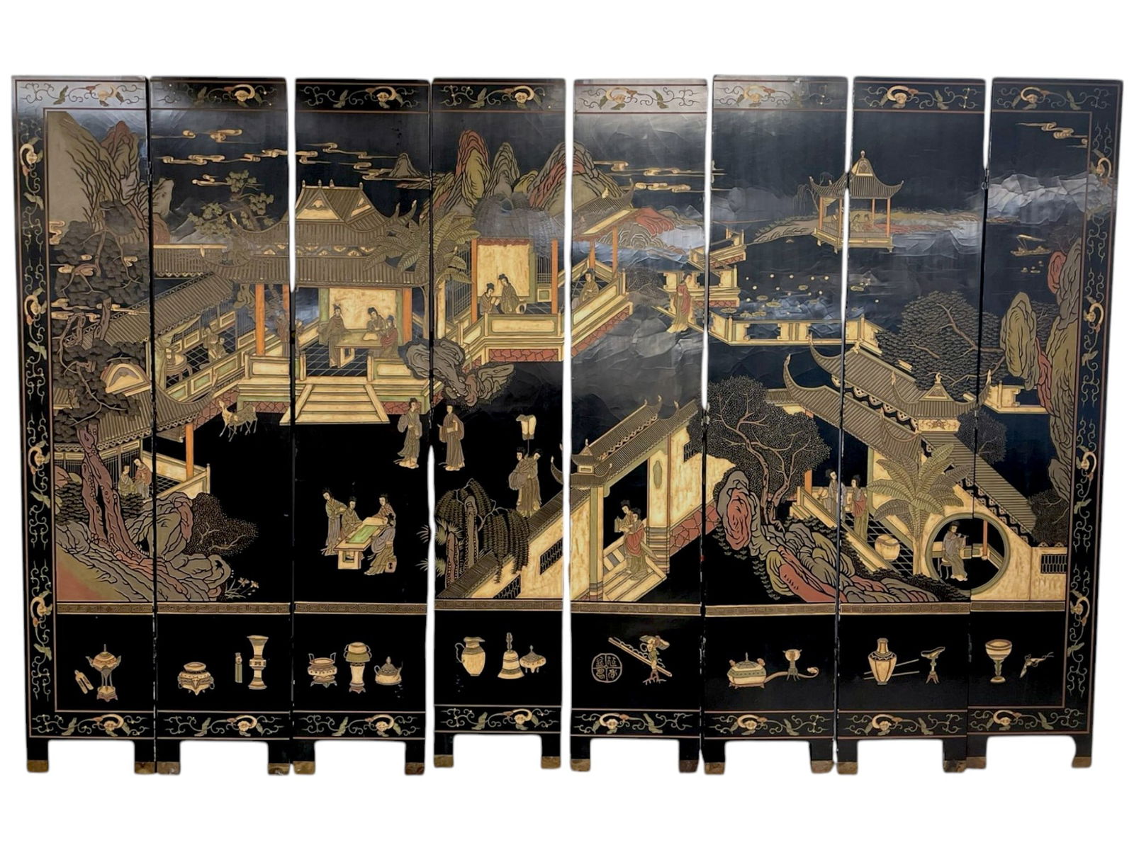 TALL 8 PANEL LACQUERED COROMANDEL CHINESE SCREEN (1 of 9)