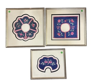 LOT OF 3 ANTIQUE CHINESE EMBROIDERED COLLARS FRAMED