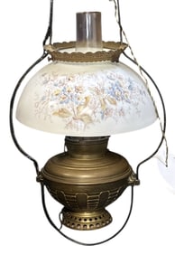 ANTIQUE BRASS HANGING OIL LAMP W/ GLASS SHADE