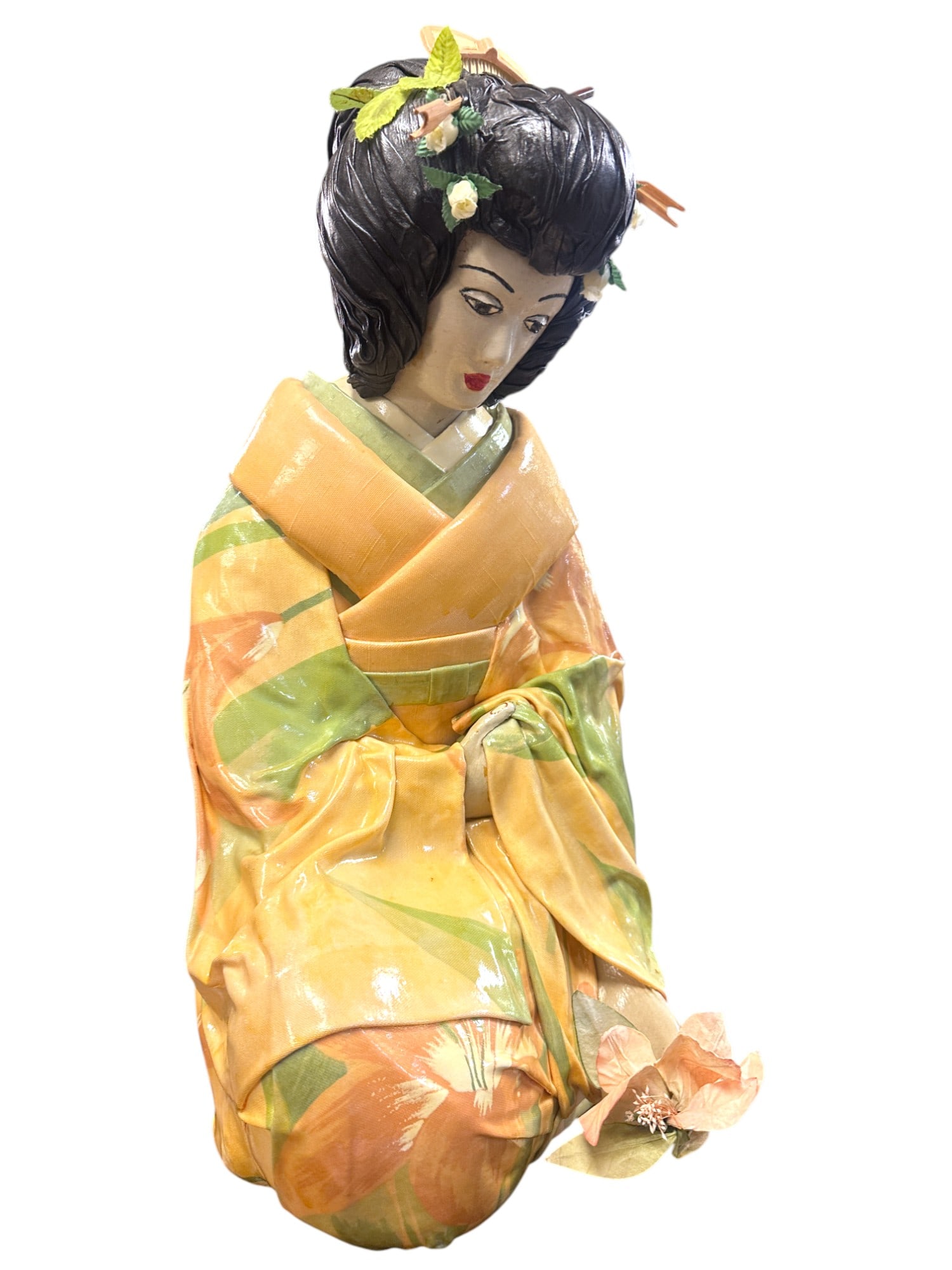 TERESA CORNING LARGE FABRIC PAPER- MACHE GEISHA 25": Large Fabric Paper-Mache Geisha Statue by Artist Teresa Corning. Signed and numbered 103/350. Measures 25"x12"x11". Weighs 24 lbs.