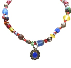 TRIBAL BEADS AND STERLING LAPIS PENDANT NECKLACE
