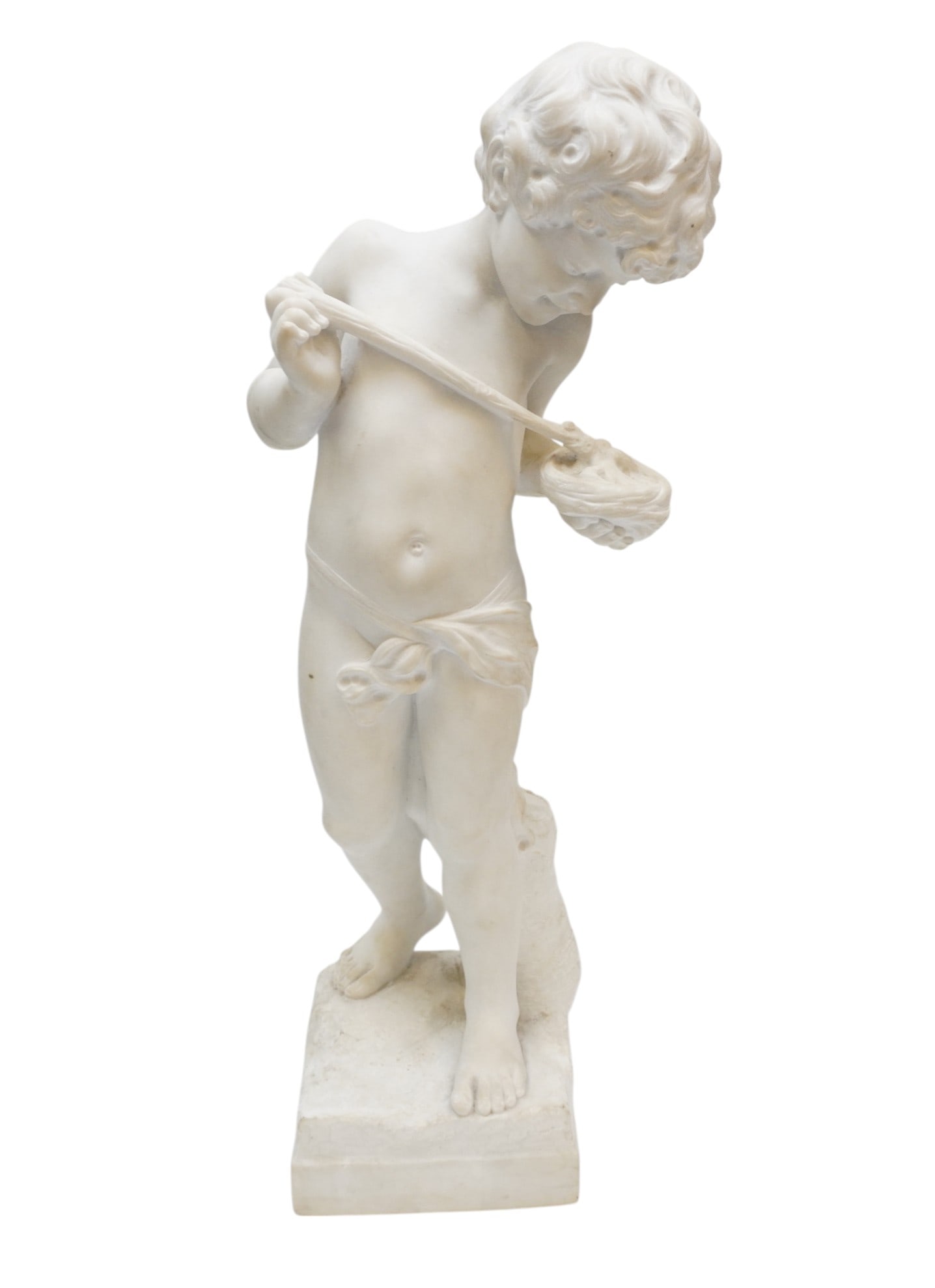 ITALIAN SCHOOL MARBLE PUTTO FEEDING A BIRD: Putto Feeding a Bird, unsigned, marble, , some grime, pencil inscription verso il Frido Francalanci], 7 1/2"x7 3/4"x22 1/2". Weight 33 lbs. Provenance: Gippy Plantation, Avenue of Oaks, Berkeley Count