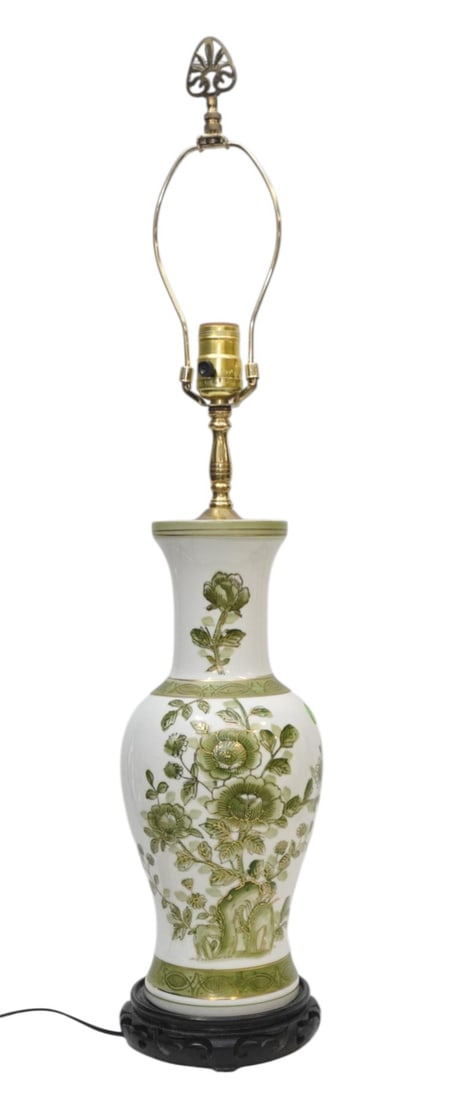MID CENTURY CHINESE PORCELAIN VASE LAMP: Mid Century Chinese Porcelain White & Green Vase mounted as a lamp on carved wood base. Lamp 5.5"x5.5"x20". With Finial 29". Shade 15"x15"x11". Weight 5 lbs 12 oz
