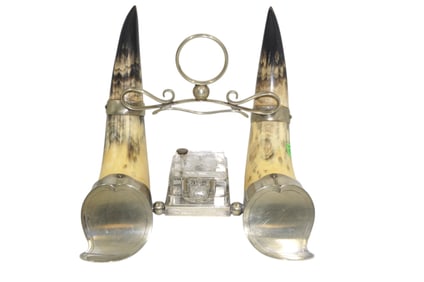 ANTIQUE 19TH C HORN & SILVER PLATE INKWELL